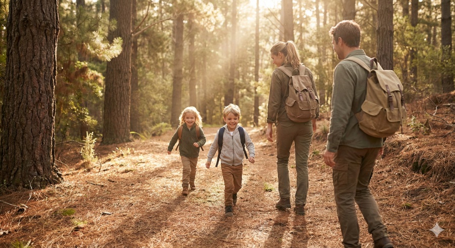 Niños y padres haciendo senderismo en bosque soleado.