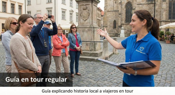 Guía explicando historia local a viajeros en tour