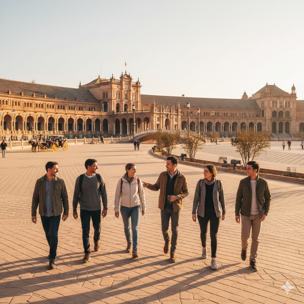 Grupo de viajeros en circuito organizado por Andalucía visitando la Plaza de España en Sevilla